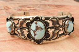 3 Genuine Golden Hill Turquoise Stones Sterling Silver Bracelet